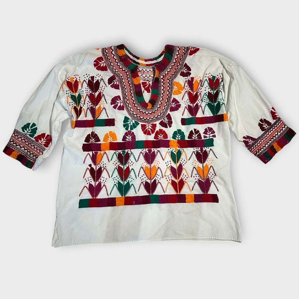 Vintage Guatemalan Hand Embroidered Huipil Tunic Blouse White Floral